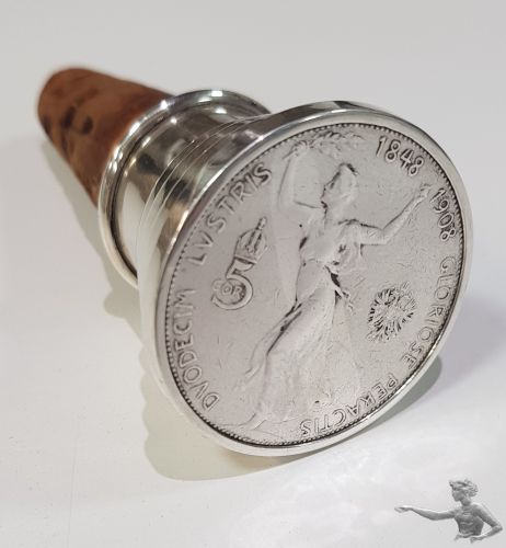 5 Kronen 1908 Oesterreich in Silber, eingearbeitet in 800er Silber | gearbeitet als Weinflaschenverschluss | äusserst seltenes Angebot!!!